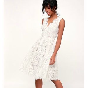 Lulus Love Swept White Lace Midi Skater Dress